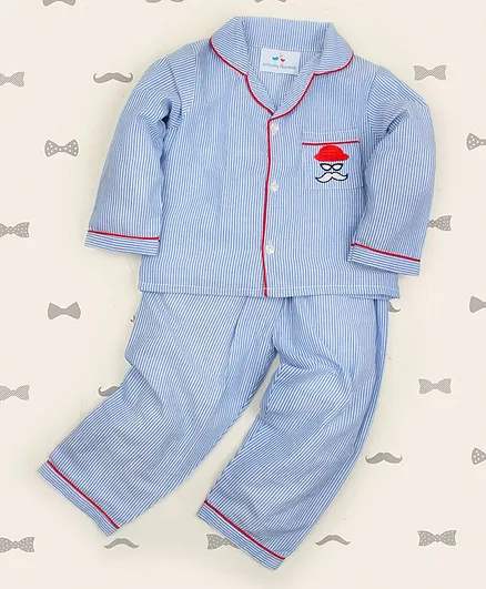 Knitting Doodles Full Sleeves Striped Night Suit - Blue