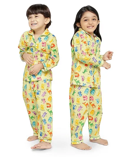 Knitting Doodles Full Sleeves Wild Animals Print Night Suit - Yellow