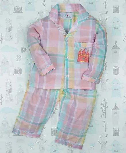 Knitting Doodles Full Sleeves Checked Night Suit - Pink