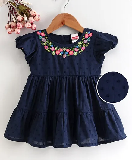 Babyhug Cap Sleeves Frock Floral Embroidery - Navy Blue