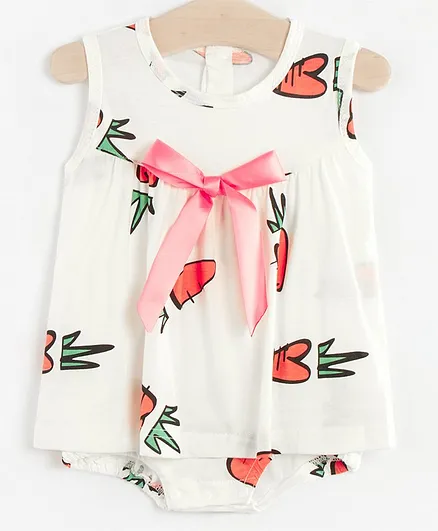 Kookie Kids Printed Sleeveless Frock Style Onesie - White
