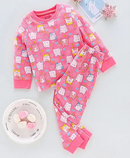 Babyhug Full Sleeves Night Suit Animal Print - Pink