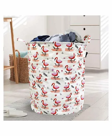 Polka Tots Canvas Laundry Cum Storage Bag Flamingo Print - White