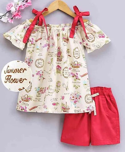 Dew Drops Half Sleeves Top & Shorts Set Flower Print - Beige Red