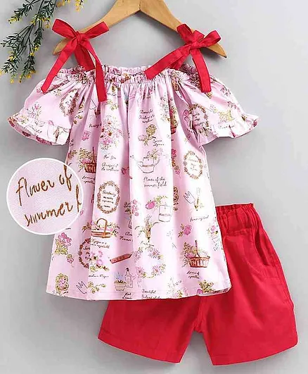 Dew Drops Half Sleeves Top & Shorts Set Flower Print - Pink Red