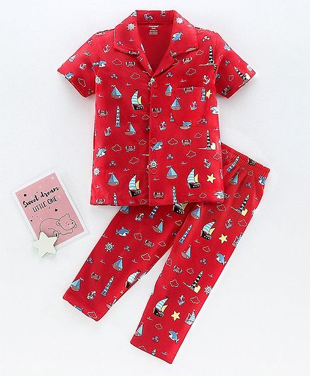 Cucumber Half Sleeves Night Suit Boat Print - Red
