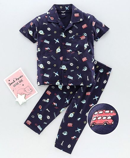 Cucumber Half Sleeves Night Suit Space Print - Blue