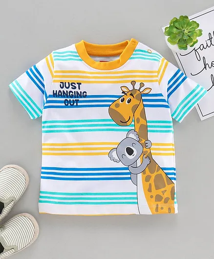 Babyhug Half Sleeves Striped Tee Animal Print - White Blue