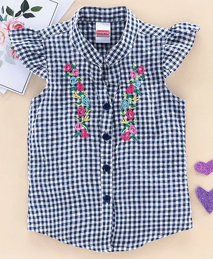 Babyhug Flutter Sleeves Checks Top Floral Embroidery - Navy