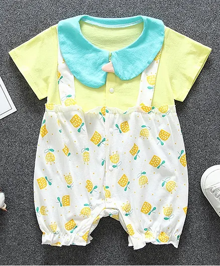 Kookie Kids Half Sleeves Romper Flower Print - Yellow