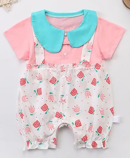 Kookie Kids Half Sleeves Romper Flower Print - Pink