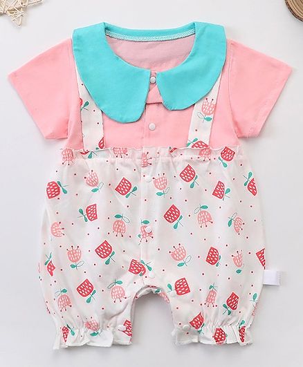 Kookie Kids Half Sleeves Romper Flower Print - Pink