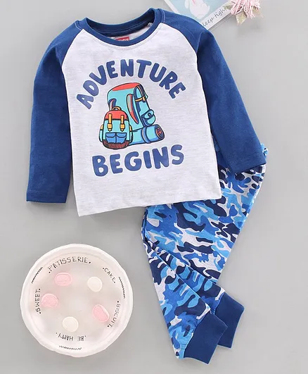 Babyhug Full Sleeves Woven Nightsuit Text Print - Blue