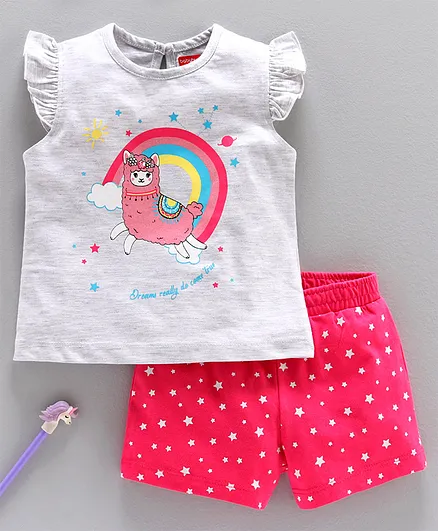 Babyhug Short Sleeves Bio Wash Night Suit Llama Print - Grey