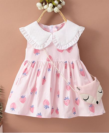 Kookie Kids Sleeveless Frock Strawberry Print - Pink