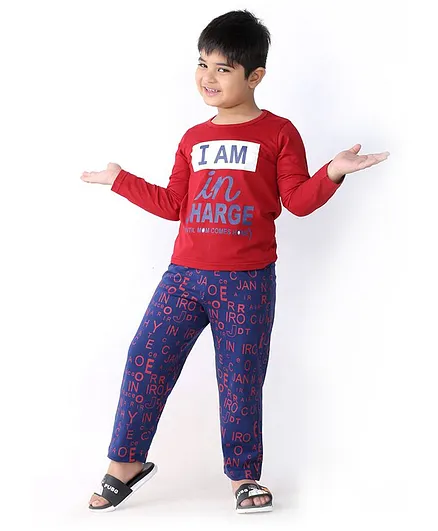 Soft Touche I Am In Charge Print Full Sleeves Tee With Printed Pajama - Red Blue