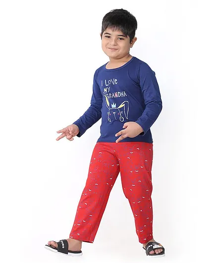 Soft Touche I Love My Grandma Print Full Sleeves Tee With Pajama - Blue Red