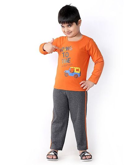 Soft Touche Going Print Full Sleeves Tee With Pajama - Orange