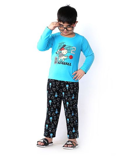 Soft Touche Baseball Print Full Sleeves Tee With Pajama - Blue