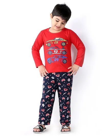 Soft Touche Car Print Full Sleeves Tee With Pajama - Red