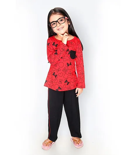 Soft Touche Bow Print Full Sleeves Tee With Pajama - Red