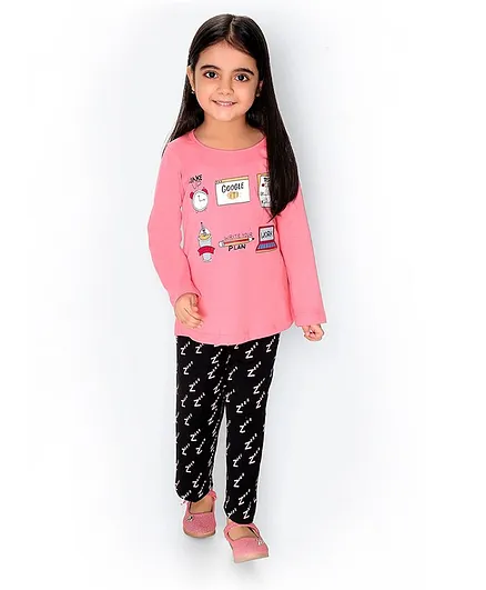 Soft Touche Google Print Full Sleeves Tee With Pajama - Pink