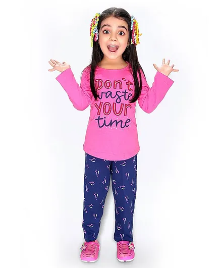 Soft Touche Full Sleeves Don't Waste Your Time Print Tee With Pajama - Pink