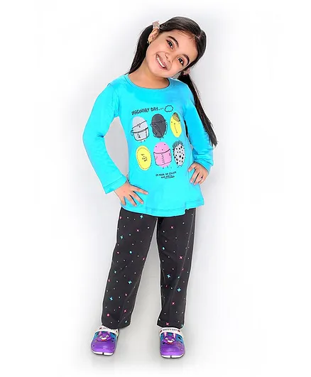 Soft Touche Imaginary Day Print Full Sleeves Tee With Pajama - Blue