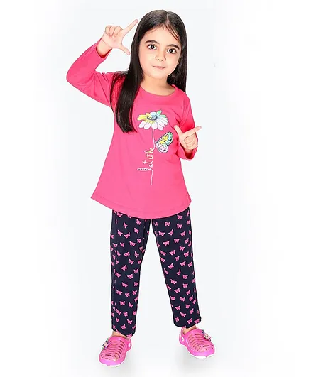 Soft Touche Flower Print Full Sleeves Tee With Pajama - Pink