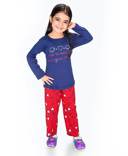 Soft Touche Time Print Full Sleeves Tee With Pajama - Blue Red