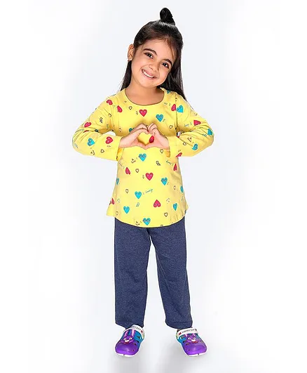 Soft Touche I Love Print Full Sleeves Tee With Pajama - Yellow