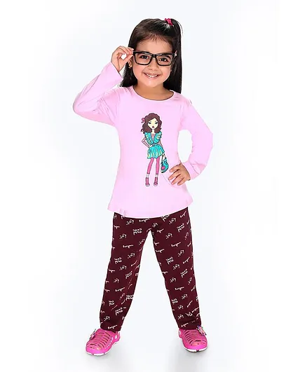 Soft Touche Girl Print Full Sleeves Tee With Pajama - Pink