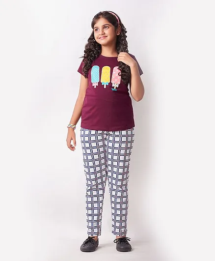 Soft Touche Ice Cream Print Half Sleeves Tee With Pajama - Maroon