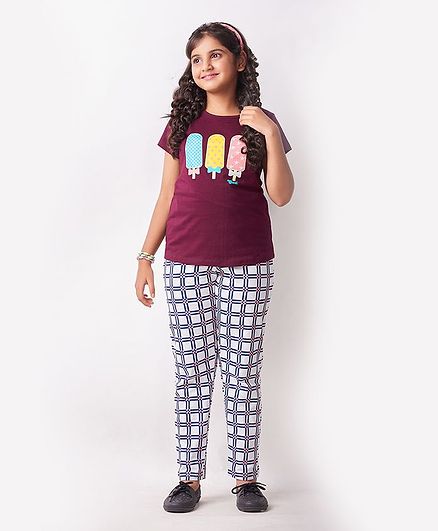 Soft Touche Ice Cream Print Half Sleeves Tee With Pajama - Maroon