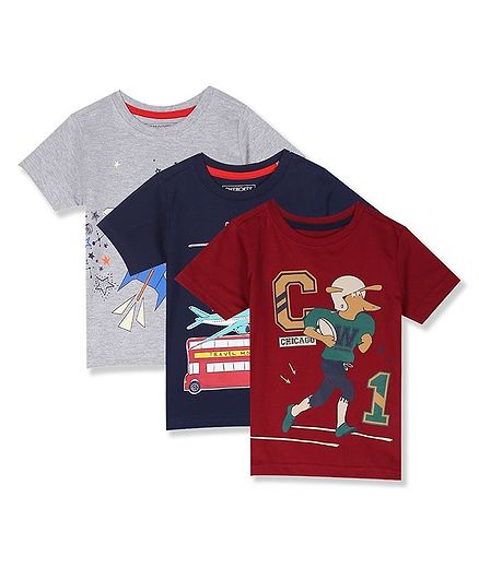 Cherokee Pack Of 3 Half Sleeves Bus Print T-Shirt - Red Blue Grey
