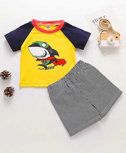 Kookie Kids Raglan Sleeves Tee & Striped Shorts - Yellow