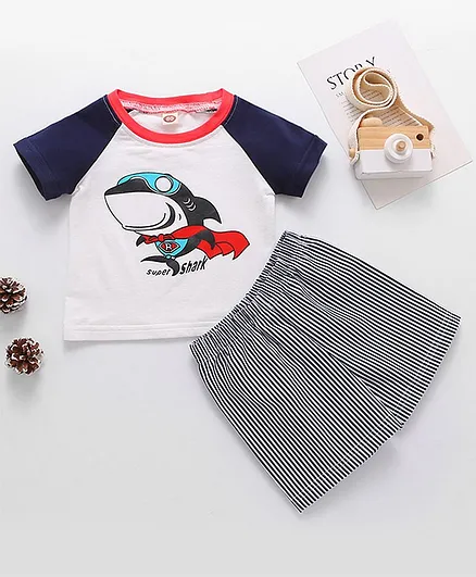 Kookie Kids Raglan Sleeves Tee & Shorts Super Shark Print - White Navy Blue