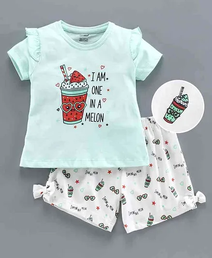 Cucumber Half Sleeves Tee & Shorts Text Print - Green