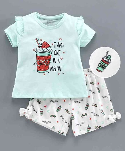 Cucumber Half Sleeves Tee & Shorts Text Print - Green