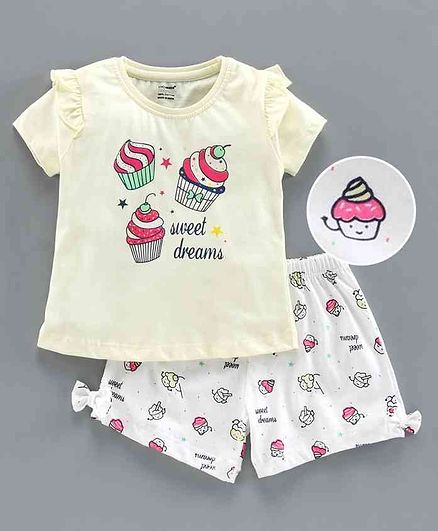 Cucumber Half Sleeves Tee & Shorts Cup Cake Print - Yellow