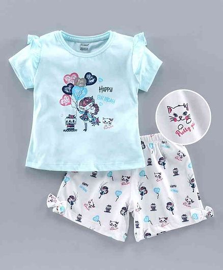 Cucumber Half Sleeves Tee & Shorts Birthday Print - Blue