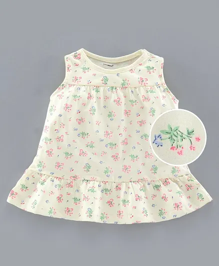 Cucumber Sleeveless Floral Printed Frock - White