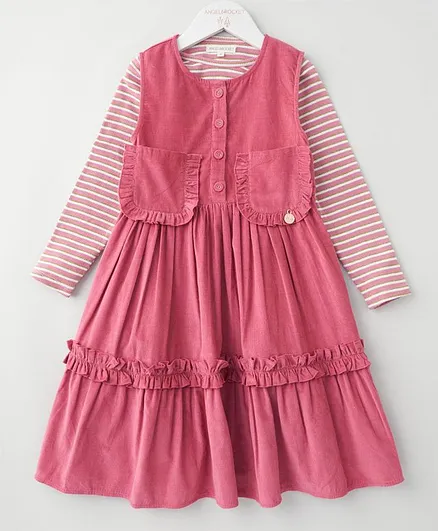 Angel & Rocket Striped Full Sleeves Tee With Dress - Pink