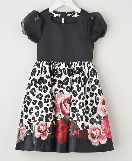 Angel & Rocket Rose Flower Print Short Sleeves Dress - Black