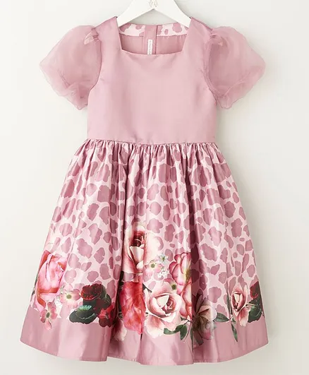 Angel & Rocket Rose Flower Print Half Sleeves Dress - Pink