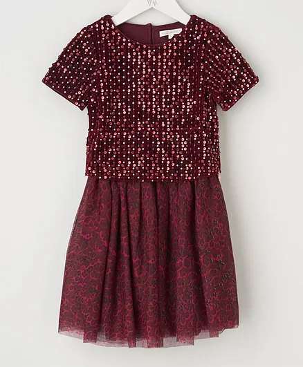 Angel & Rocket Printed Half Sleeves Sequin Dress - Red