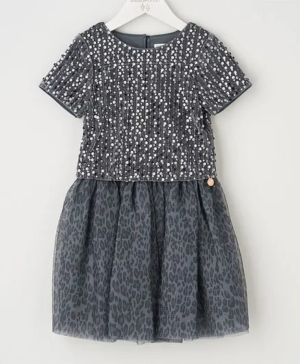 Angel & Rocket Printed Half Sleeves Sequin Dress - Cobalt