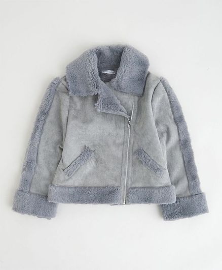 Angel & Rocket Full Sleeves Solid Marl Shearling Aviator Jacket - Grey