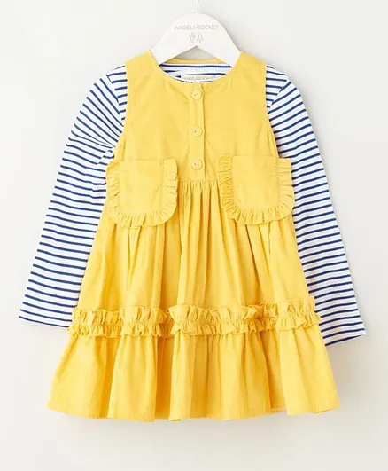 Angel & Rocket Full Sleeves Striped Top With Frilled Dress With Front Pockets - Yellow