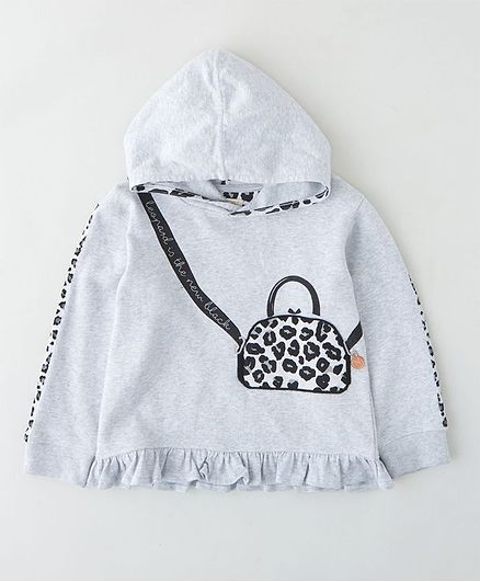 Angel & Rocket Full Sleeves Frill Hem Handbag Print Hoodie - Grey